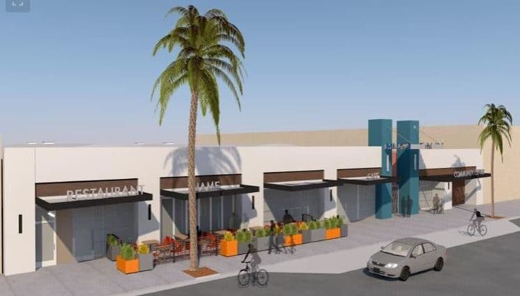 Mock up drawing of a building with planters and a palm tree in front