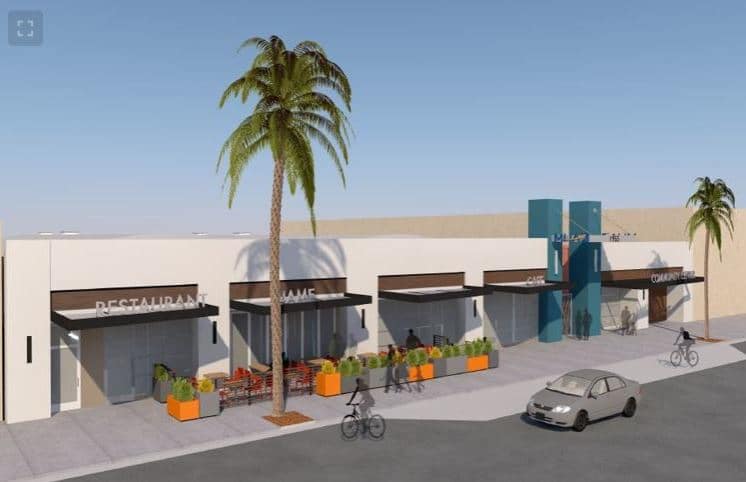 Mock up drawing of a building with planters and a palm tree in front
