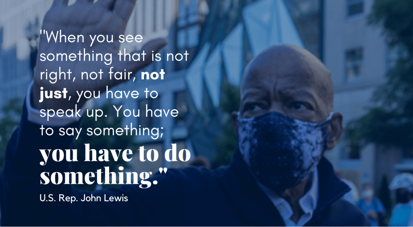 A quote from John Lewis with his image in the background