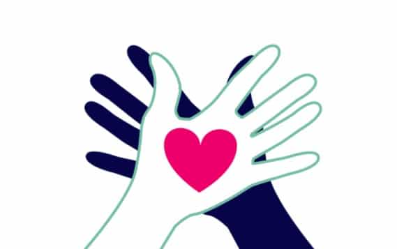 Handsvolunteerpage illustration of two hands with heart in the middle