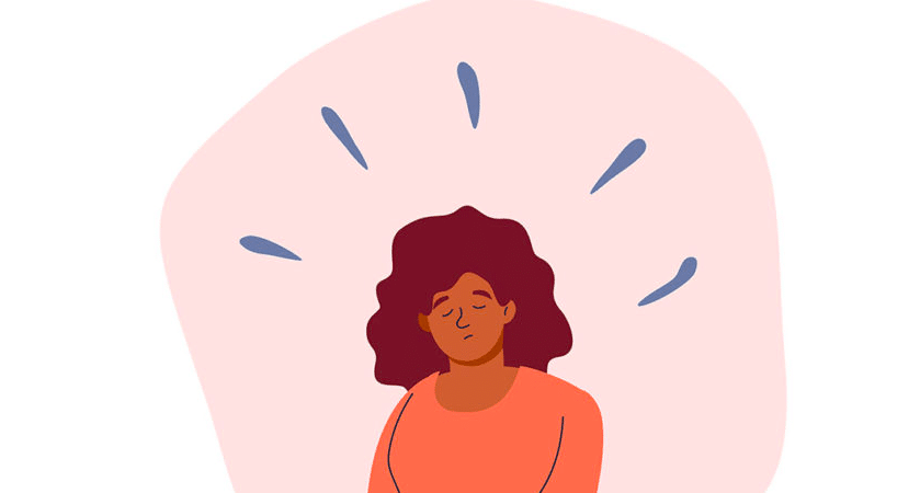 Drawing of a woman with brown skin and brown curly hair with eyes closed and a pink bubble around her