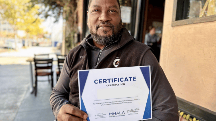 MHALA member Troy with his member advocacy series certificate of completion.