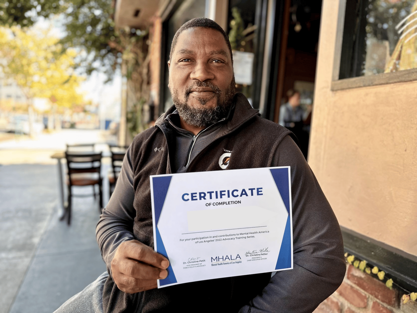 MHALA member Troy with his member advocacy series certificate of completion.