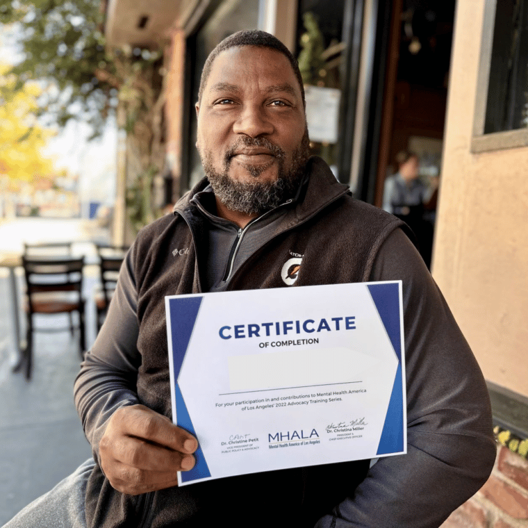 MHALA member Troy with his advocacy series certificate of completion.
