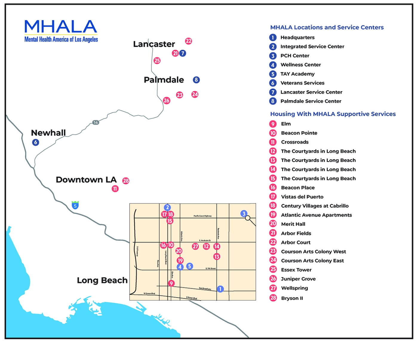 MHALA Locations Map 24 Map of MHALA's 28 supportive housing locations throughout Los Angeles County.