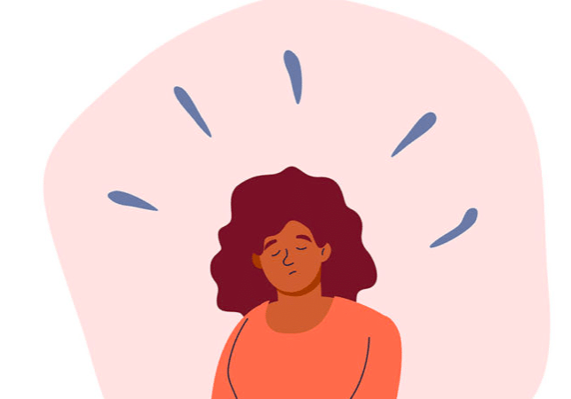 Drawing of a woman with brown skin and brown curly hair with eyes closed and a pink bubble around her